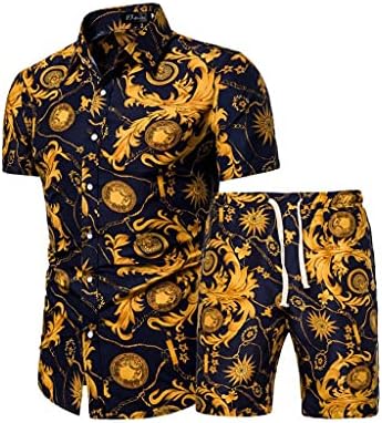 JJSPP Moda erkek Çiçek Gömlek plaj pantolonları, Çiçek Baskı erkek Kısa Kollu Pantolon Takım Elbise (Renk: Sarı, Boyut: XXL Kodu)