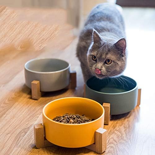 PİCKME Seramik Yükseltilmiş Kedi Kase, gıda Su Köpek Temel Kase Kaymaz Ahşap Standı ile Boyun Eklemleri Korumak Pet Besleme Kaseler