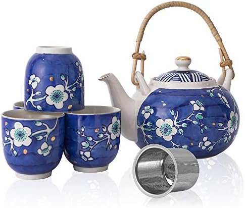 Taimei Çay Saati Mavi Seramik çay seti, 25-oz Demlik Demlik ve 4 çay bardağı Seti ile Japon Tarzı Handpainted Erik Çiçeği Desen,