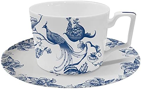 Sizikato Mavi ve Beyaz Porselen Fincan ve Tabağı Seti, 9oz Kahve Fincanı ve Çay Bardağı, Mavi Phoenix Kuş Deseni