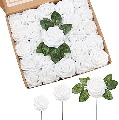 Yapay Gül Çiçekler, IPOPU 25 adet Beyaz Sahte Güller Gerçek Görünümlü Köpük Güller w/Kök DIY Düğün Buketleri Centerpieces Düzenlemeleri