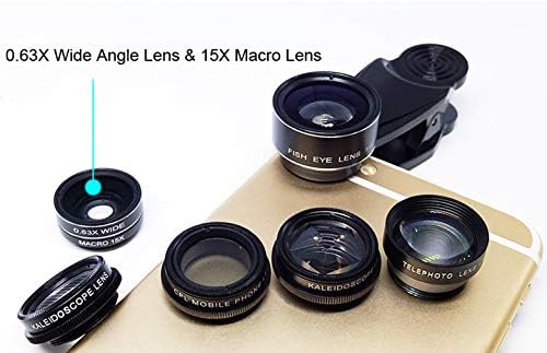 5 in 1 Cep Telefonu Kamera Lens Kiti Evrensel Klip Balıkgözü 15x Makro 0.63 x Süper Geniş 2X Optik Zoom Telefoto Lens 198° Balıkgözü