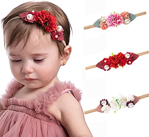 Wiwpar Çiçek Taç Bandı Boncuk Şapkalar Elastik Ayarlanabilir Kafa Parçası Kızlar Hairbands Yürümeye Başlayan ve Çocuk (Gül Kırmızı)