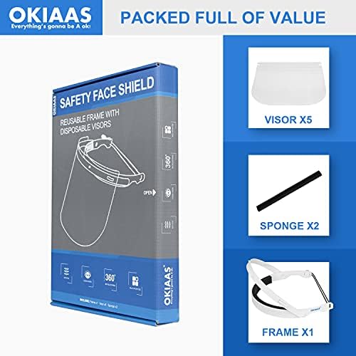 OKİAAS Flip Up Yüz Kalkanları, Ayarlanabilir Kafa Bandı + 5 Şeffaf Plastik Siperliği+2 Değiştirilebilir Sünger Çıkartmalar, Kullanımlık