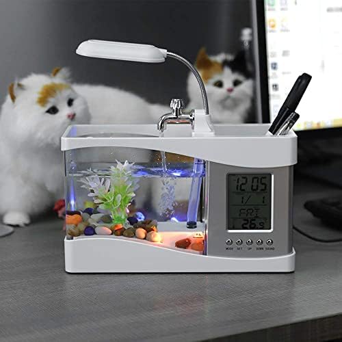 Çok fonksiyonlu Mini Balık Tankı, Saat Fonksiyonlu Masaüstü Akvaryum Kalemlik led ışık ve Su koşu pompası, USB Şarj edilebilir,