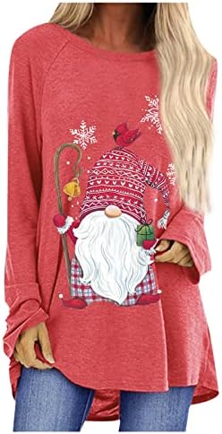 Kadınlar için noel Tişörtü, Raglan Uzun Kollu Gömlek Crewneck Santa Gnome Baskı Gevşek Kazak Casual Tunik Tops