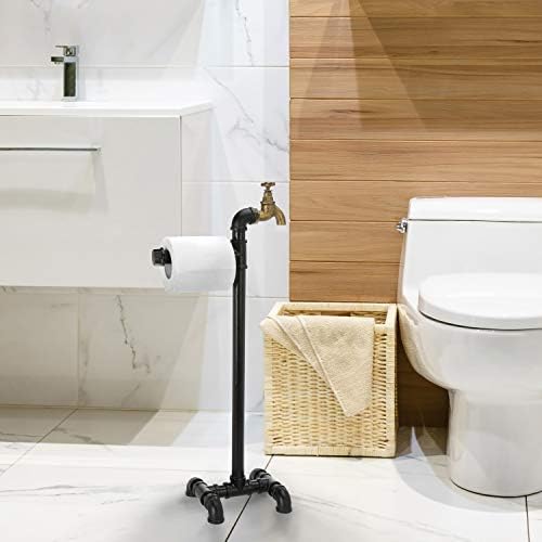 MyGift Bağlantısız Banyo Tuvalet Kağıdı Tutucu, Endüstriyel Mat Siyah Metal Boru ve Rustik Pirinç Bacalı Tıkaç Tasarım, Tek Tuvalet