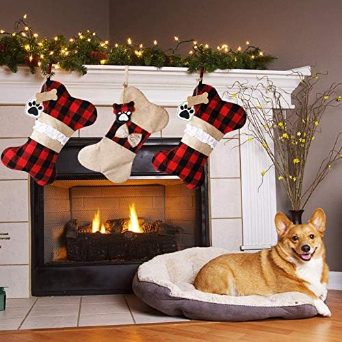 Newzjqh 2 Pcs Kişiselleştirilmiş Köpek Noel Çorap, Buffalo Ekose Çuval Bezi Büyük Kemik Şekli Asılı Noel Çorap için Pet Köpek