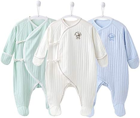 COBROO Unisex Bebek Ayaklı Pijama Uyku ve Oyun için, 100 % Pamuk Bebek Footie Unionsuit ile Dahili Eldivenler 0-3 Ay