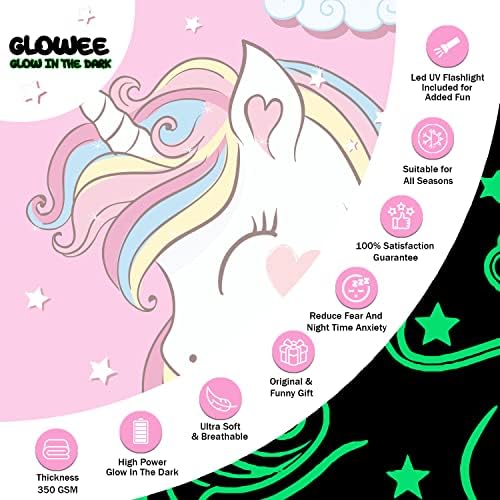 GLOWEE Premium Kızlar için Karanlıkta Parlayan Battaniye / UV El Feneri ile Sihirli ve Yumuşak Tek Boynuzlu At Battaniye / Çocuklar