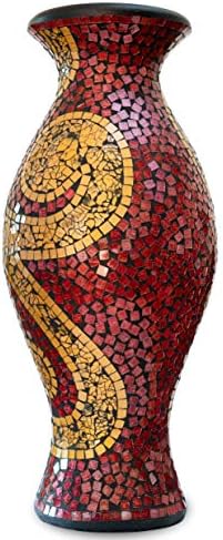 Zorigs, Dekoratif Uzun Zemin Vazosu-24 x 12 Uzun Silindir Vazo , Kırmızı ve Altın Cam Mozaik Parçaları ile Pişmiş Topraktan Yapılmış-Koridor,