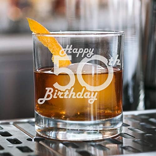Kazınmış 10.25 oz Lowball Viski Bardağı-Mutlu 50th Birthday - 50 Yaşında Hediyeler