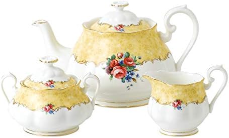 Royal Albert 100 Yıl 1990 3'lü Set (Çaydanlık, Şeker ve Krema) Buket 3'lü Çay Servisi, Karışık Renkler