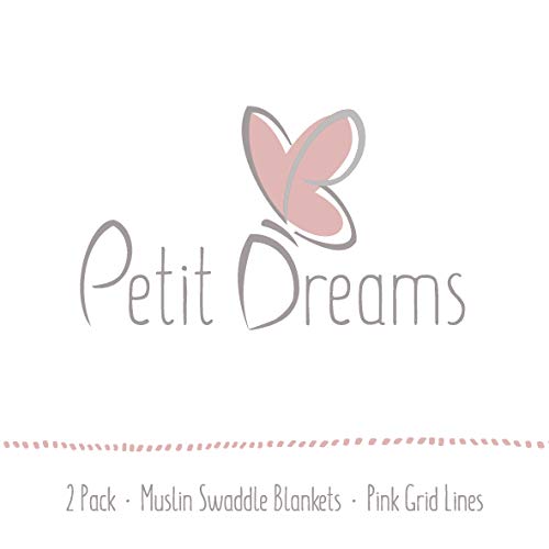 Petit Dreams 120 X 120 cm Muslin Kundak Battaniyeleri, Kız Bebek, Pembe Izgara Çizgileri ve Katı Pembe, (2'li Paket)