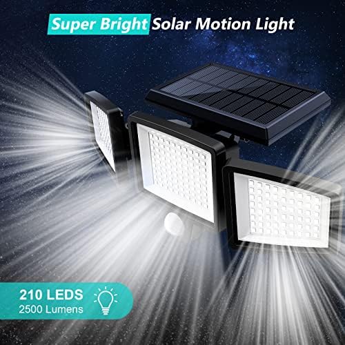 Güneş Dış Mekan Işıkları,Uzaktan Kumandalı 2500LM 210 LED Güvenlik Işıkları, 3 Kafa Hareket Sensörü Işıkları,IP65 Su Geçirmez,