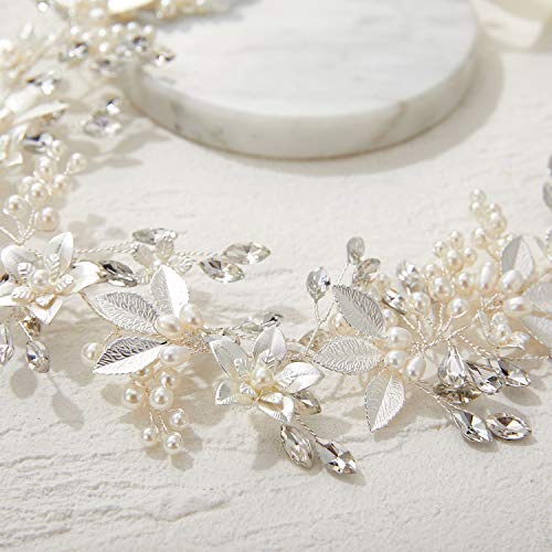 SWEETV El Yapımı Rhinestone Düğün Kafa Çiçek Yaprak Gelin Headpieces Düğün Inci Saç Aksesuarları (Gümüş)
