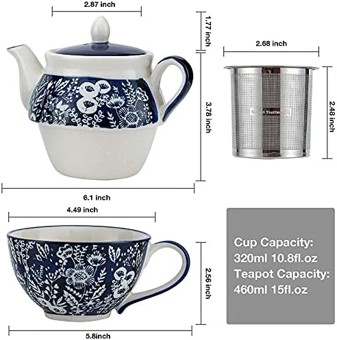Bir Set için Taimei Çay Saati Seramik Çay, Demlik ve Fincan ile 15-oz Demlik, Handpainted Çiçek Desenli İngiliz Kırsal Tarzında
