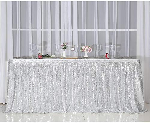 DominiBurl 14FT Gümüş Payet Masa Etek Süslemeleri için Dikdörtgen / Kare / Yuvarlak Masa, düğün Doğum Günü Partisi Aile Toplama