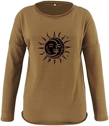 Bayan Bahar T-Shirt, Güneş ve Ay Baskı Crewneck Kazak Rahat Gevşek Fit Uzun Kollu Rahat Bluzlar Tops
