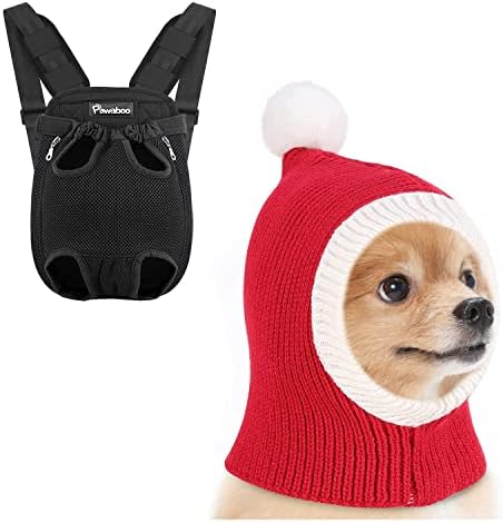 Pawaboo Pet Taşıyıcı Sırt Çantası XL Boyutu Siyah ve Noel Örme Pet Şapka S Kırmızı