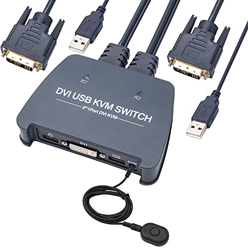Kablolar ile KVM Switch DVI 2 Port Kutusu, Seçici Switcher 2 Bilgisayar için USB ve DVI Anahtarı Klavye Fare USB Çevre Birimini
