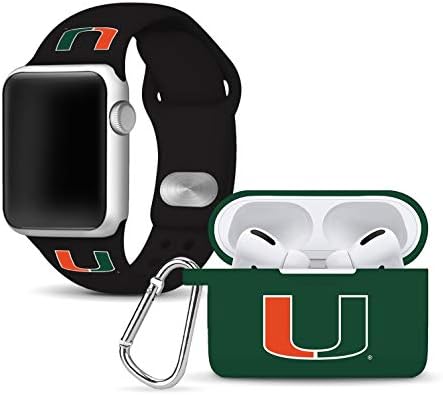 Miami Hurricanes Silikon saat kayışı ve Kılıf Kapak Combo Paketi Apple Watch ve AirPods Pro Pil Kutusu ile Uyumlu