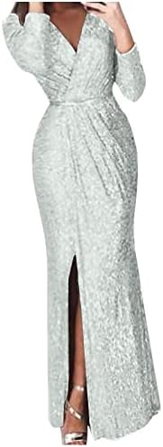 Kadın Glitter Maxi Elbise Uzun Kollu Yüksek Bel Wrap V Yaka Bölünmüş Fermuar Zarif gece elbisesi