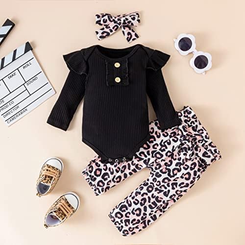 Yenidoğan Bebek Kız Nervürlü Ruffled Romper + Çiçek Pantolon + Kafa Bebek Kıyafet Seti