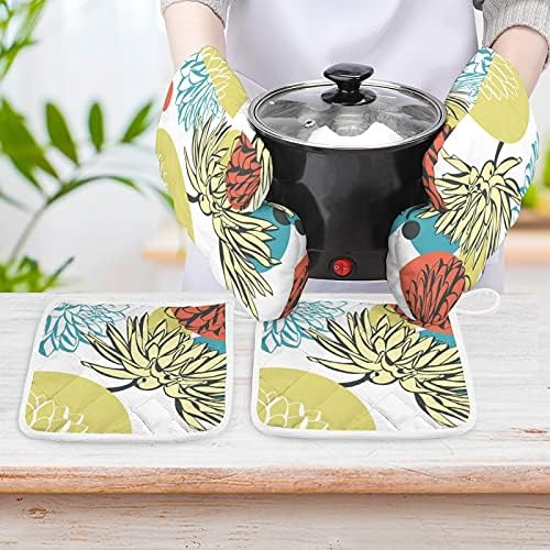 Soyut Dahlia Çiçekler Fırın Eldiveni ve Pot Sahipleri 4-Piece Set Yalıtım Eldiven Pot Mat için BARBEKÜ Mikrodalga, pişirme, pişirme,