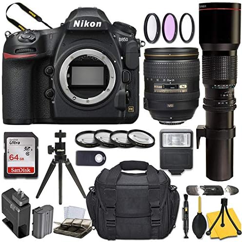 Nikon D850 DSLR Kamera ile AF-S NIKKOR 24-120mm f / 4G ED VR + 500mm Önceden Ayarlanmış Lens ve Temel Seyahat Kiti