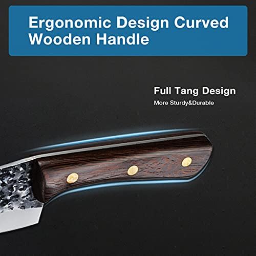 Viking Bıçaklar, El Dövme Boning Kasap Bıçağı ile Deri Kılıf ve Ergonomik Ahşap Saplı, Yüksek Karbon Çelik Et Cleaver Bıçak,