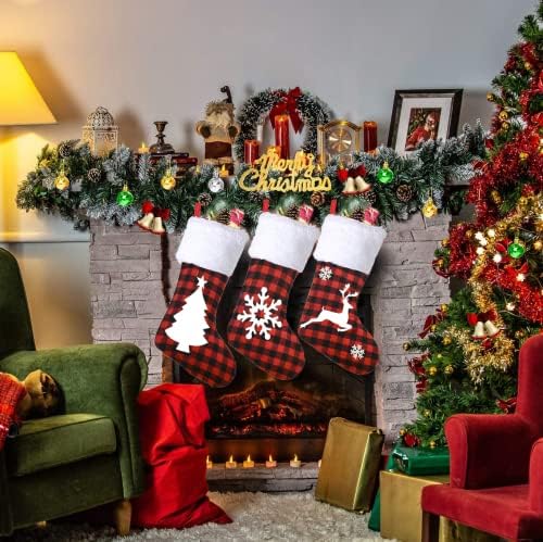Noel Çorapları Ahşap İsim Etiketleri ve Tutucular Kancalı 3 Paket, 18 İnç Siyah Kırmızı Ekose Noel Çorapları, Buffalo Ekose Noel