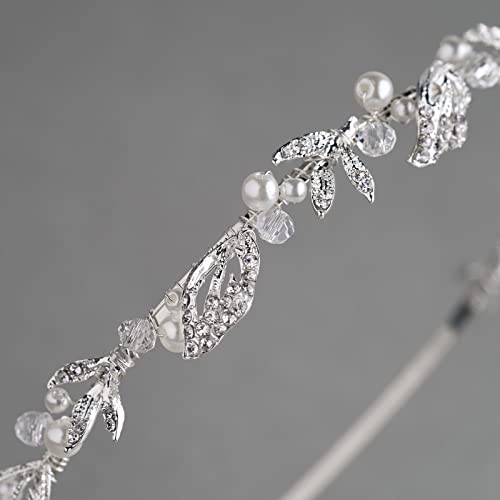 SWEETV Gümüş Gelin Kafa Bandı Kristal Yaprak Düğün Headpieces Gelin Saç Bandı Inci Tiara Çiçek Kız Saç Aksesuarları