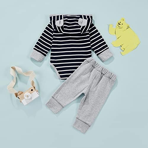 Yenidoğan Bebek Erkek Bebek Kıyafetler Hoodie Çizgili Baskılı Romper Uzun Kollu Tops İpli Pantolon 2 Adet Giysi Set