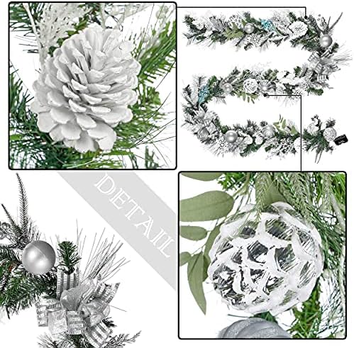 Valery Madelyn Önceden Aydınlatılmış 9 Feet Dondurulmuş Kış Gümüş Beyaz Noel Çelenk 40 LED Sıcak ışıklar ve Top Süsleri Kar Taneleri