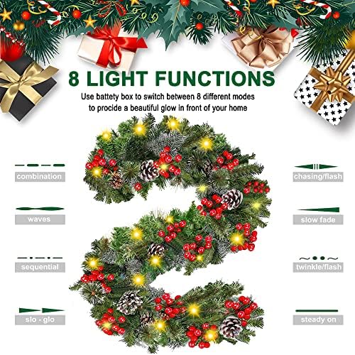 Işıkları ile 9Ft Noel çelenk, 50 LED ışıkları ile yapay çelenk Noel Dekorasyon pil kumandalı, çam kozalakları, kırmızı Meyveler