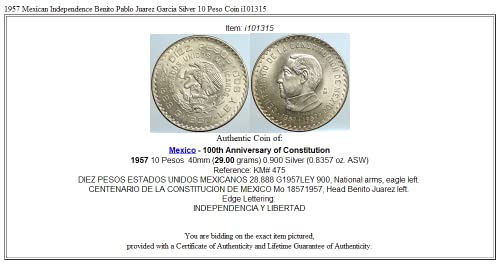 1957 1957 Meksika Bağımsızlık Benito Pablo Juarez Gar 10 Peso İyi Sertifikasız