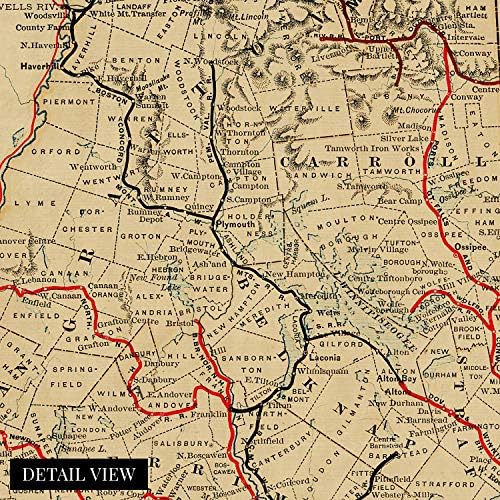 HİSTORİX Vintage 1894 New Hampshire Haritası-18x24 İnç Vintage Harita New Hampshire Duvar Sanatı-Tarihi Demiryolu Haritası New