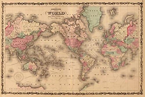 Piramit Amerika Dünya Haritası Mercators Projeksiyon A J Johnson 1860 Vintage Tarihsel Kartografik Baskı Serin Duvar Dekor Sanat