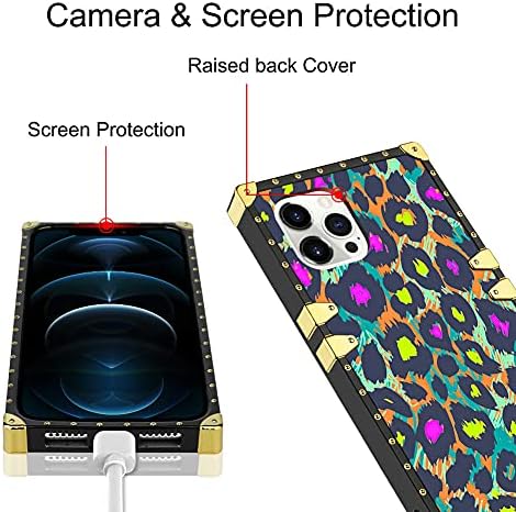 AİGOMARA ile Uyumlu iPhone 13 Pro Max Durumda (2021) 6.7 İnç Leopar Renkli Lüks Kare Kapak Ekran Koruyucu ile Altın Kaplama Yumuşak