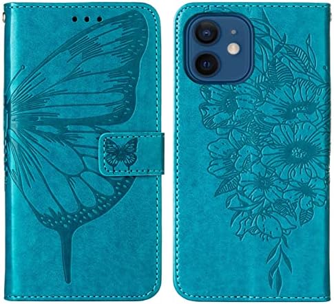 Smartphone Flip Kılıfları iPhone için kılıf 12 Mini, PU Deri Cüzdan Kabartma Kelebek Çiçek Telefon Kılıfı Kart Yuvaları ile [Kickstand