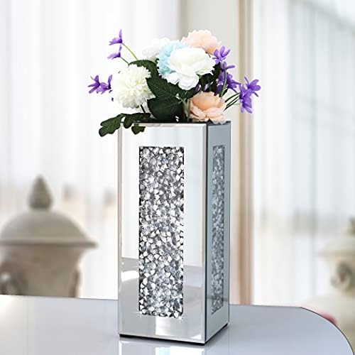 Ezilmiş Elmas Aynalı Vazo 6x6x14 inç Kristal Gümüş Cam Çarpıcı Dekoratif Vazo Çiçek Lüks Ev Dekor için. Su Tutamıyorum.