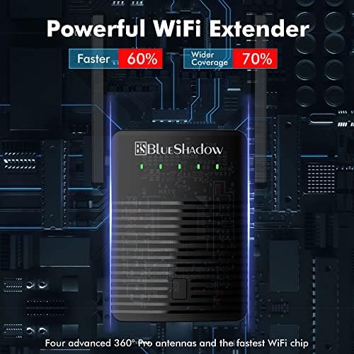 Blueshadow WiFi Genişletici, Çift Bantlı WiFi Tekrarlayıcı, 1000 Metrekareye kadar Kaplayan Güçlü AC1200 WiFi Genişletici Güçlendirici