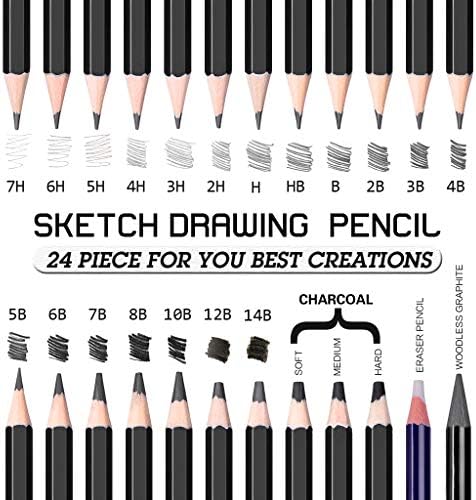 Mincho Profesyonel Kroki Çizim Kalem Seti-24 Parça Sanatçı Kalem Seti İçerir Grafit, Kömür, Silgi Kalemler (7H-14B), Çizim için