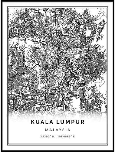 Squareious Kuala Lumpur harita Poster Baskı / Modern Siyah ve Beyaz Duvar Sanatı / İskandinav Ev Dekor | Malezya Şehir Baskılar