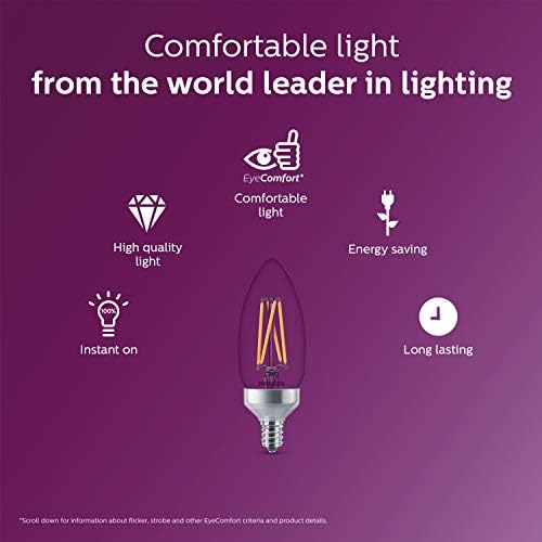 Philips LED Titreşimsiz Kısılabilir B11 Ampul, Klasik Cam, 300 Lümen, Yumuşak Beyaz ışık (2700K), 3,3 W = 40W, E12 Taban, Başlık
