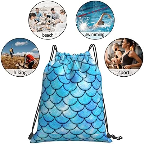 Mavi Mermaid Ölçekli İpli sırt çantası Su Geçirmez Hafif ipli çanta için Kadın Erkek Cinch Sackpack için Spor Salonu Yoga