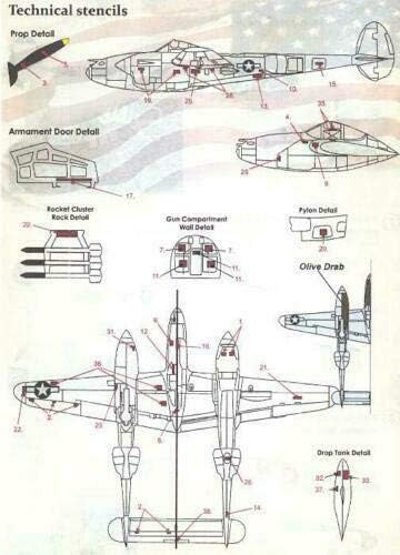 Baskı Ölçeği 72-353 - 1 / 72 P-38J Avrupa 1944-1945 Üzeri Aydınlatma Asları, Islak Çıkartma