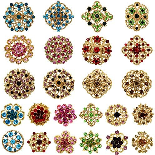 Lot 24 adet Karışık Renk Rhinestone Kristal Çiçek Broş Pins