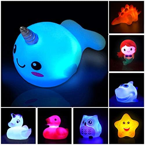 Jomyfant banyo oyuncakları (8 Packs Kauçuk Hayvanlar oyuncaklar) Light Up Yüzer kauçuk oyuncaklar Yanıp Sönen renk değiştirme